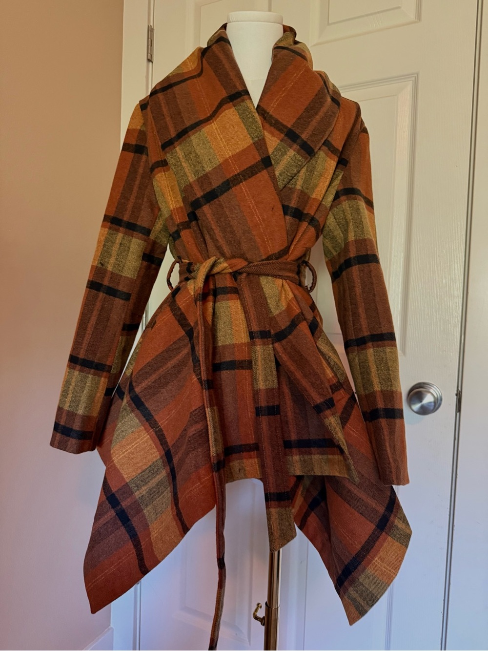 Chicwish Rust Plaid Draped Belted Coat